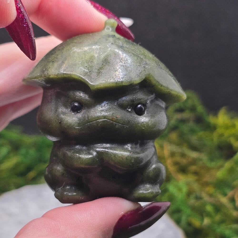 Nephrite Jade Frog 2" Crystal Carving Lily Pad Hat Cute Animal Figurine